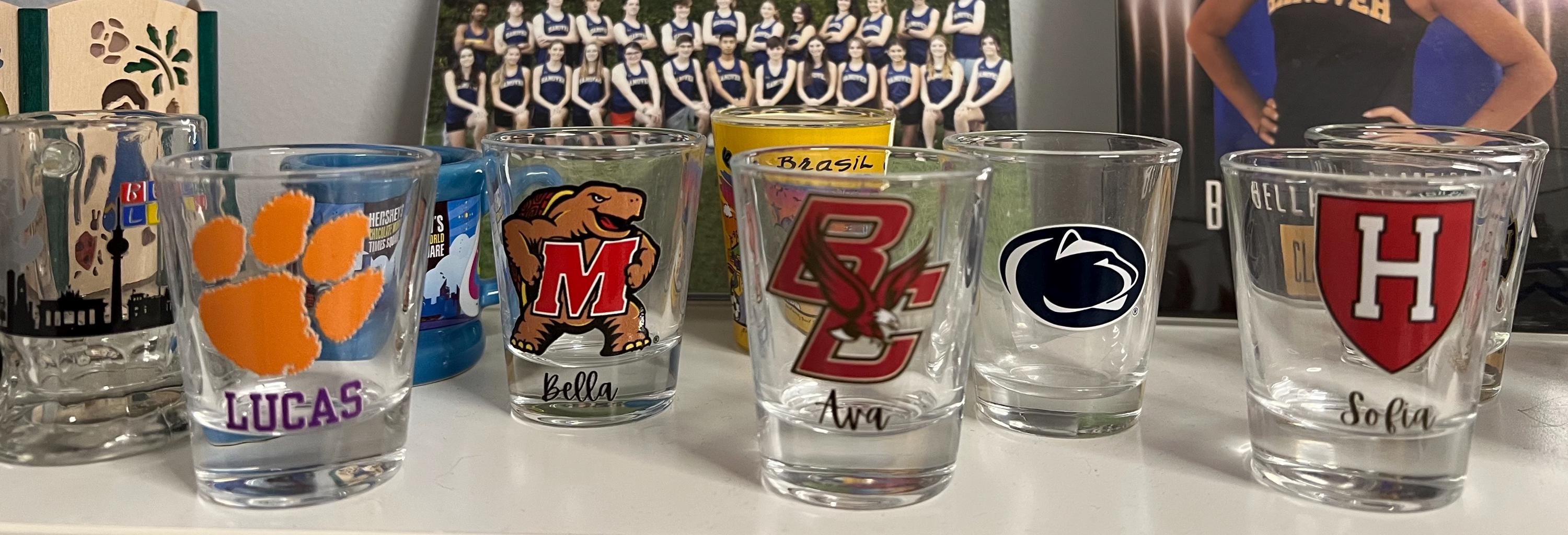 Personalized college shot glass. Custom shot glasses. Customized with college logo/mascot & name. College merch. All colleges available!