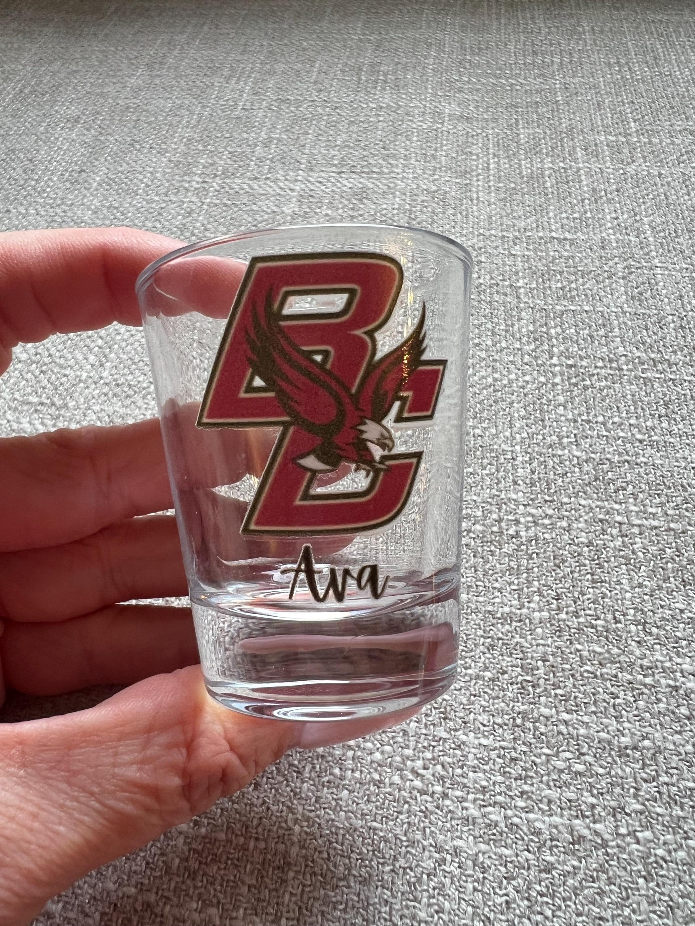 Personalized college shot glass. Custom shot glasses. Customized with college logo/mascot & name. College merch. All colleges available!