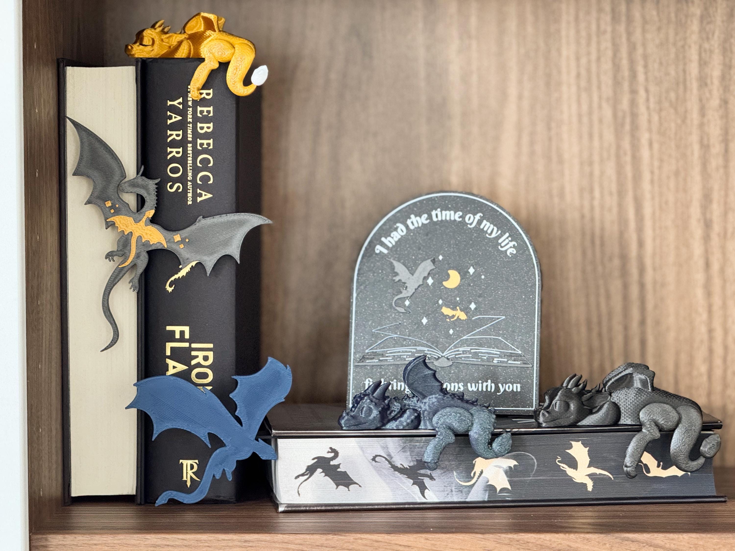 Sleeping Dragon Bookshelf Sitter | Dragon Bookshelf Decor | Multicolor Dragon Figurine | Fourth Wing Inspired | Black and Gold Dragons
