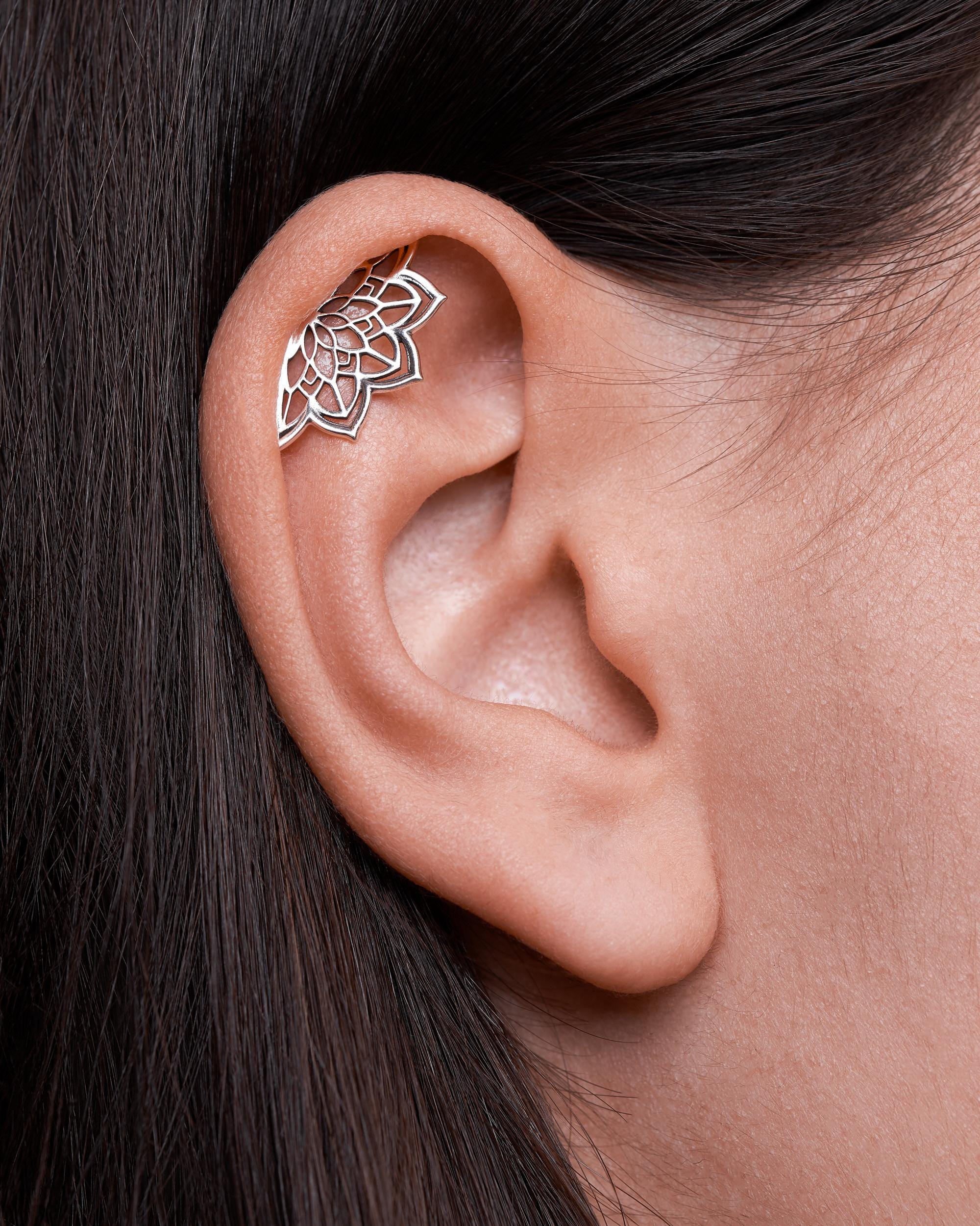Boho Helix Earring • Geometric Mandala Lotus Flower Hidden Helix • Piercing 18G 16G • Cartilage Bohemian Silver Spiritual Jewelry •  CRT023