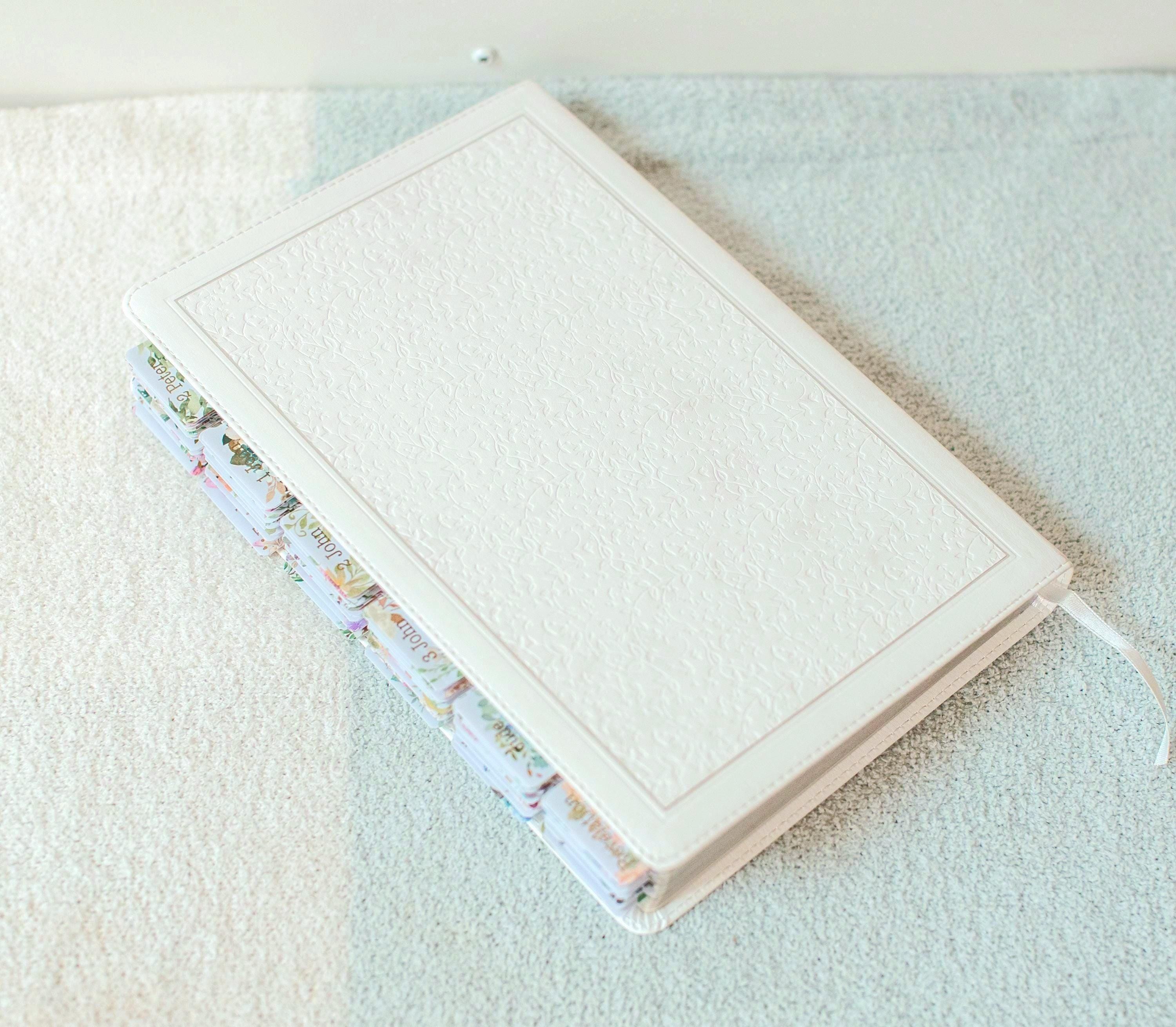 Tabbed Bible White KJV Bible Tabbed Faux Leather Personalized Gift for Women Large Print Bible Tabbed Gift Customized Baptism Gift Wedding