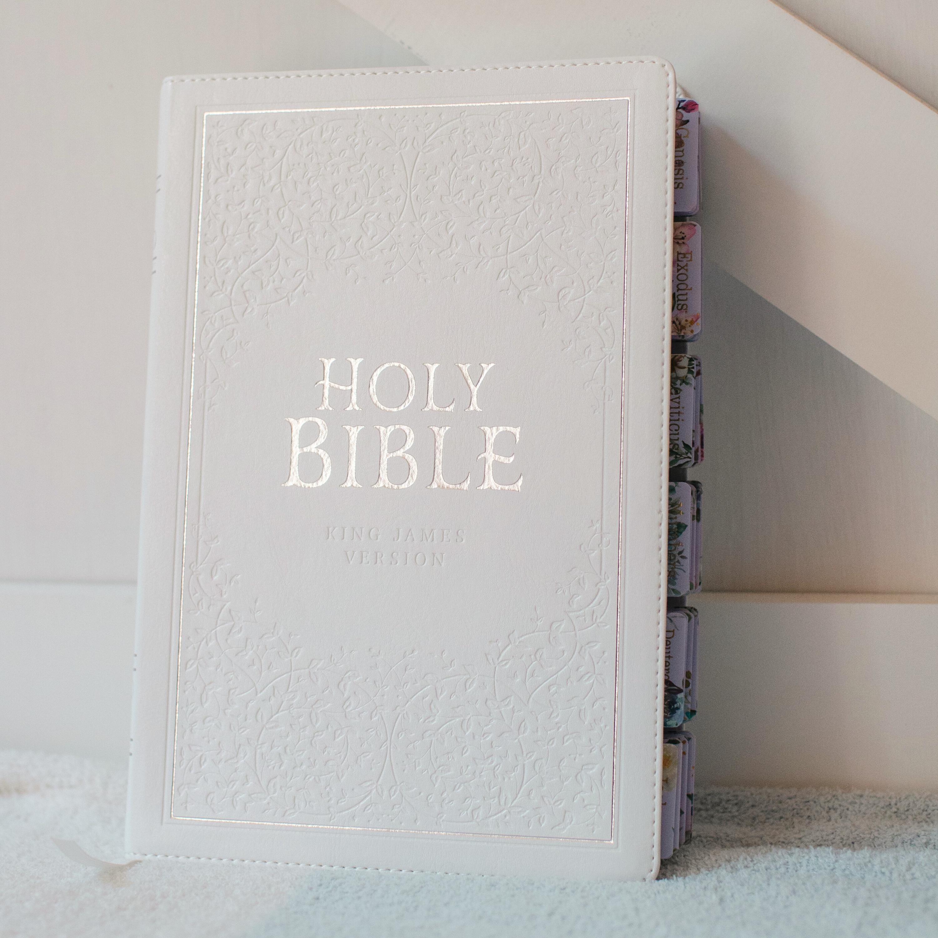 Tabbed Bible White KJV Bible Tabbed Faux Leather Personalized Gift for Women Large Print Bible Tabbed Gift Customized Baptism Gift Wedding