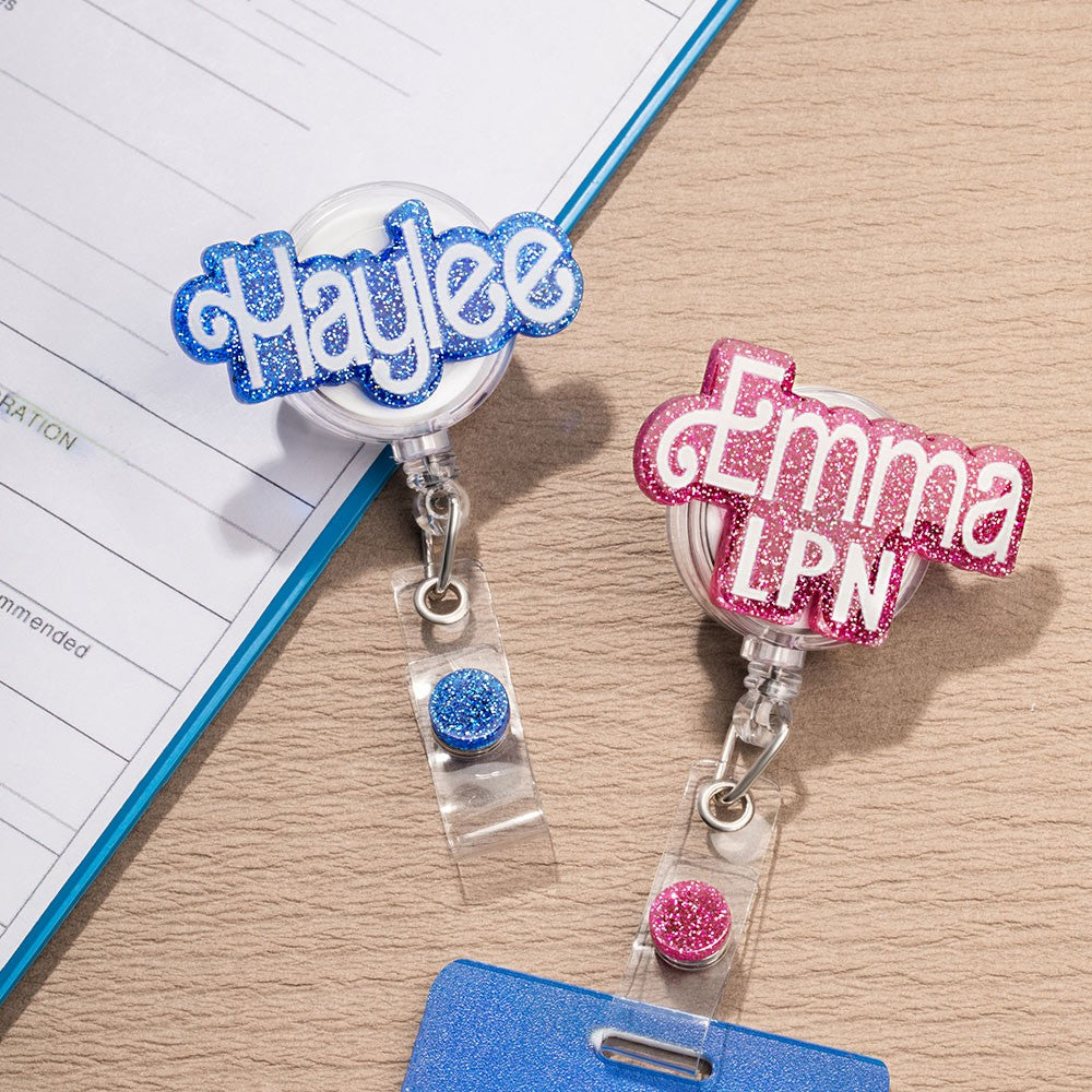 Personalized Name Badge Reel, Custom Pink Doll Font Tags, Acrylic Accessory, Nurses Week Gifts, Gift for Doctors/Medical Students/Teachers