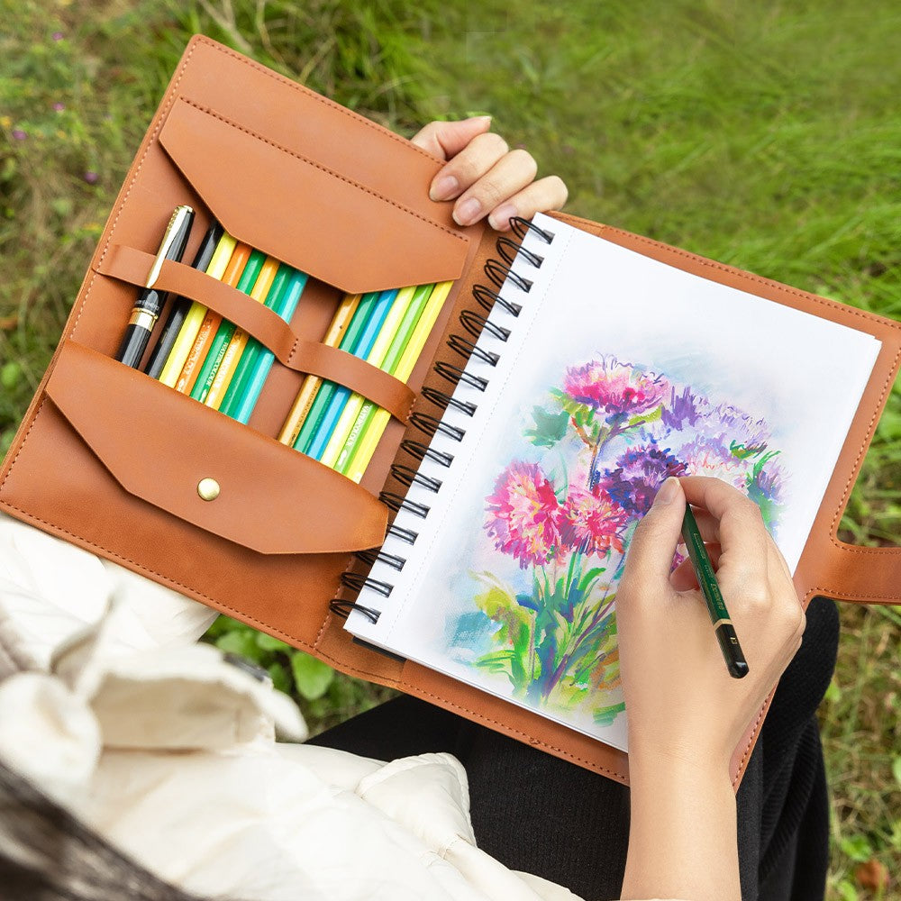 Custom Birth Flower Leather Sketchbook Cover, Traveler's Notebook Sketch Pad Case, Portable Stationery Drawing Pencils Organizer, Gift for Artist
