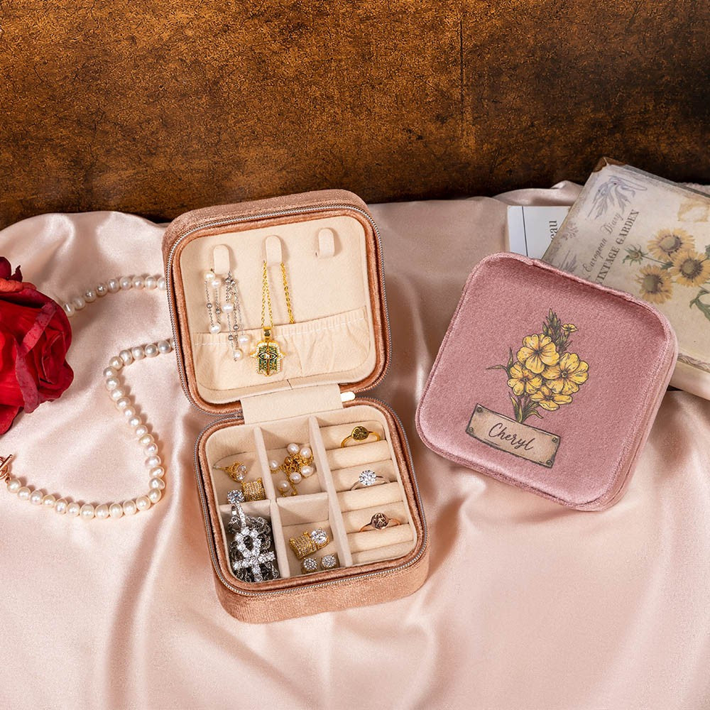 Personalized Birth Flower Velvet Jewelry Case, Custom Name Travel Jewelry Box, Bridal Party Favor, Birthday/Wedding/Anniversary Gift for Women