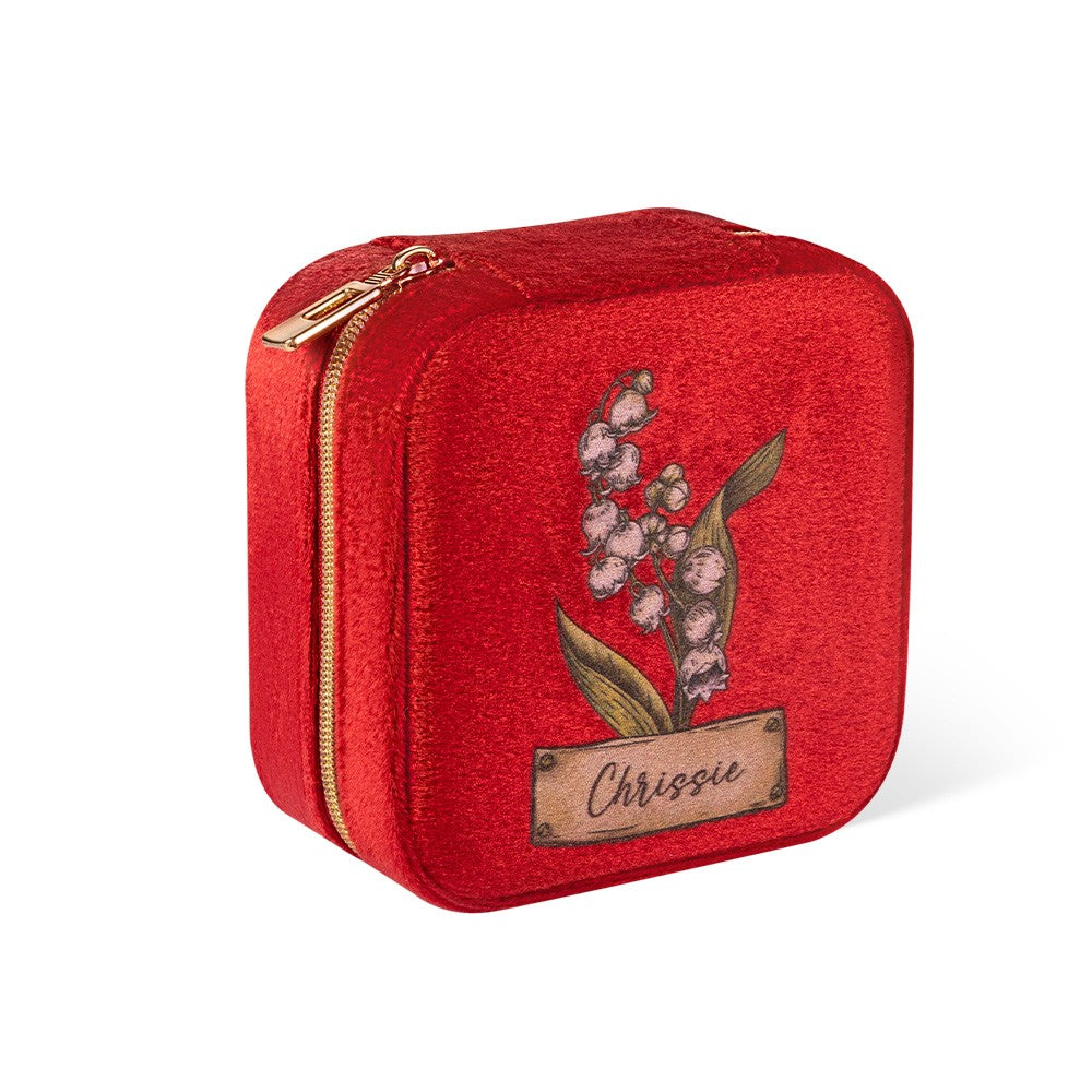 Personalized Birth Flower Velvet Jewelry Case, Custom Name Travel Jewelry Box, Bridal Party Favor, Birthday/Wedding/Anniversary Gift for Women
