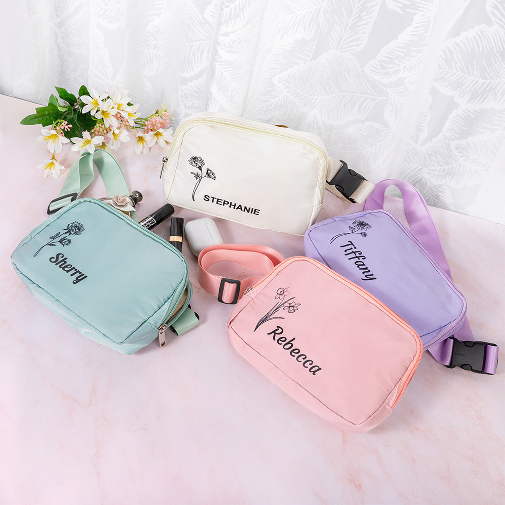 Personalized Birth Flower Waist Belt Bag with Name, Waist Pack with Adjustable Strap, Fanny Bag for Travel/Running/Hiking/Walking, Gift for Women