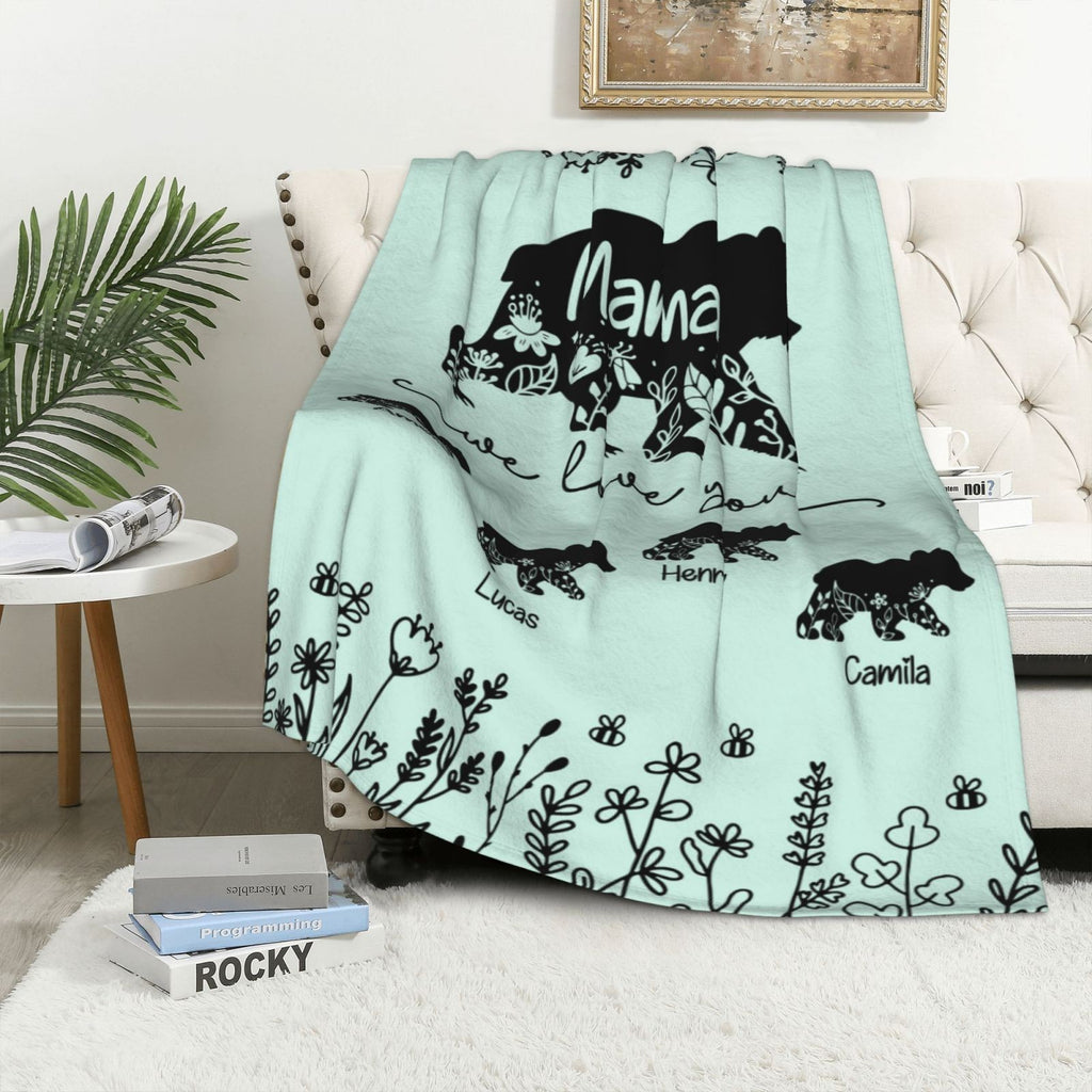 Personalized Mama Bear Flannel Fleece Blanket with Kids' Names, Soft Cozy Throw for Bed Couch, Birthday/Christmas/Mother's Day Gift for Mom/Grandma