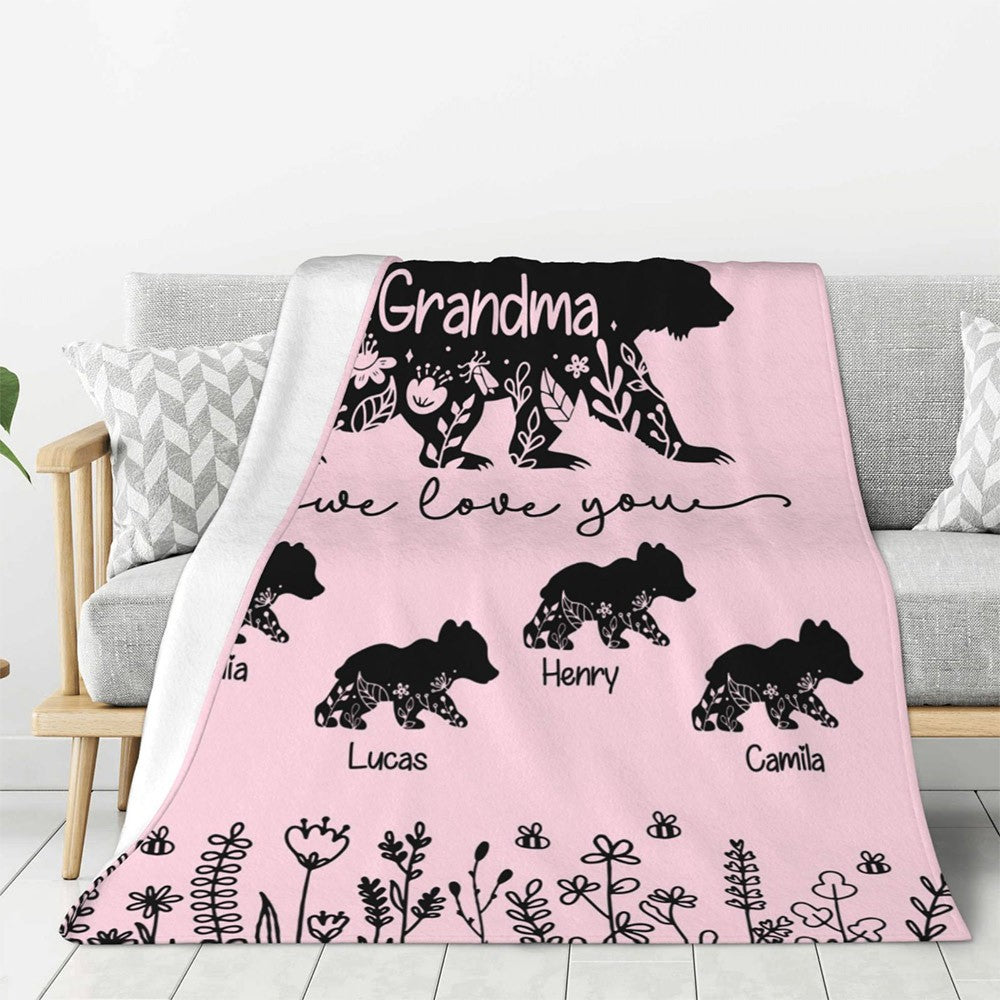 Personalized Mama Bear Flannel Fleece Blanket with Kids' Names, Soft Cozy Throw for Bed Couch, Birthday/Christmas/Mother's Day Gift for Mom/Grandma