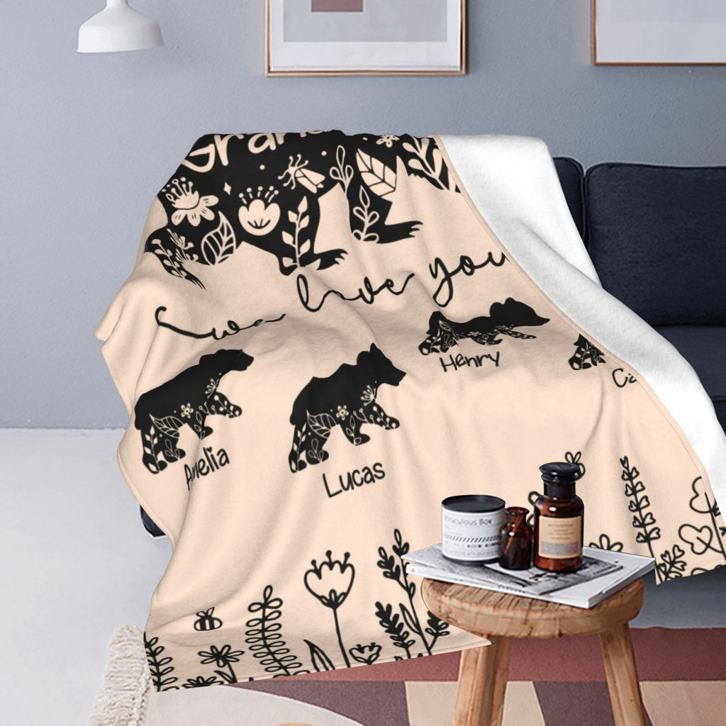 Personalized Mama Bear Flannel Fleece Blanket with Kids' Names, Soft Cozy Throw for Bed Couch, Birthday/Christmas/Mother's Day Gift for Mom/Grandma