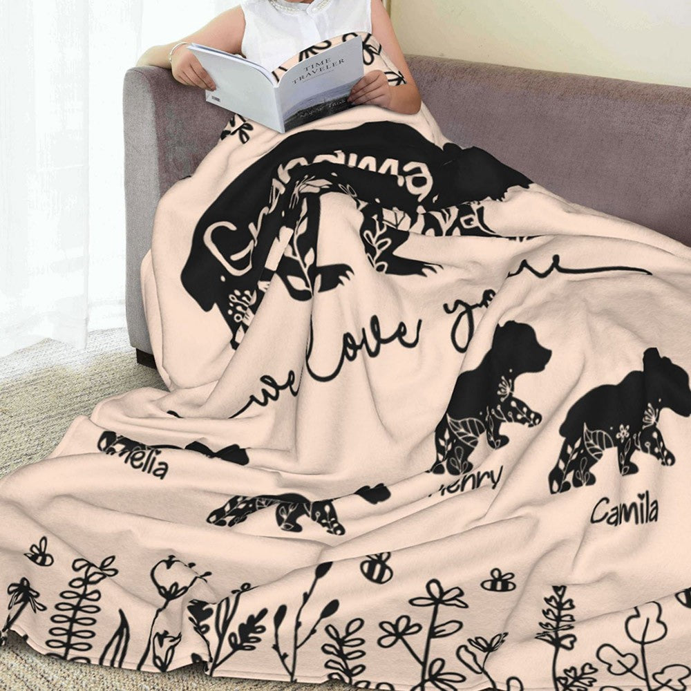 Personalized Mama Bear Flannel Fleece Blanket with Kids' Names, Soft Cozy Throw for Bed Couch, Birthday/Christmas/Mother's Day Gift for Mom/Grandma