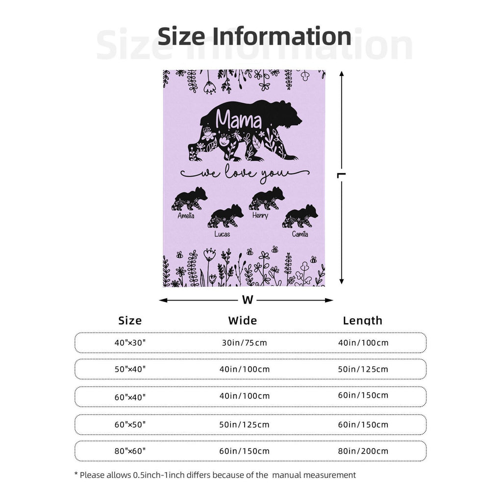 Personalized Mama Bear Flannel Fleece Blanket with Kids' Names, Soft Cozy Throw for Bed Couch, Birthday/Christmas/Mother's Day Gift for Mom/Grandma