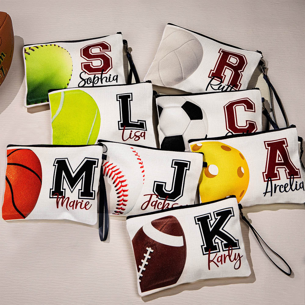 Personalized Name & Initial Sport Makeup Bag, Volleyball/Tennis/Football Bag, Portable Toiletry Bag with Wrist Strap, Gift for Team/Coach/Sport Lover