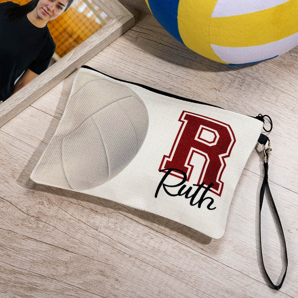 Personalized Name & Initial Sport Makeup Bag, Volleyball/Tennis/Football Bag, Portable Toiletry Bag with Wrist Strap, Gift for Team/Coach/Sport Lover