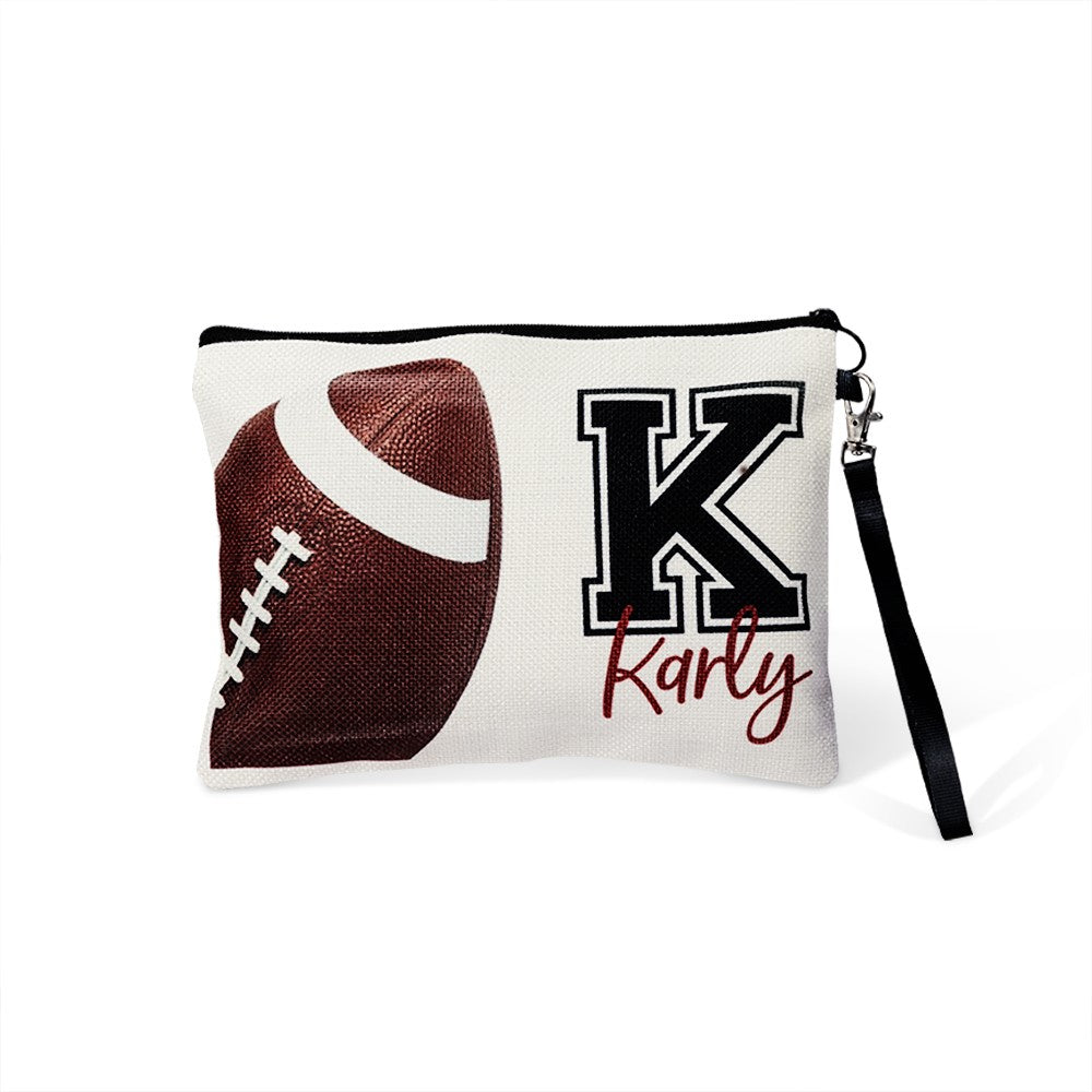 Personalized Name & Initial Sport Makeup Bag, Volleyball/Tennis/Football Bag, Portable Toiletry Bag with Wrist Strap, Gift for Team/Coach/Sport Lover