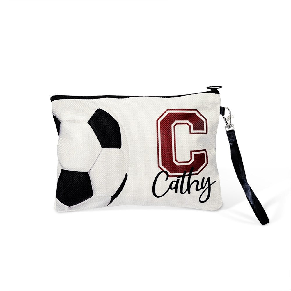Personalized Name & Initial Sport Makeup Bag, Volleyball/Tennis/Football Bag, Portable Toiletry Bag with Wrist Strap, Gift for Team/Coach/Sport Lover