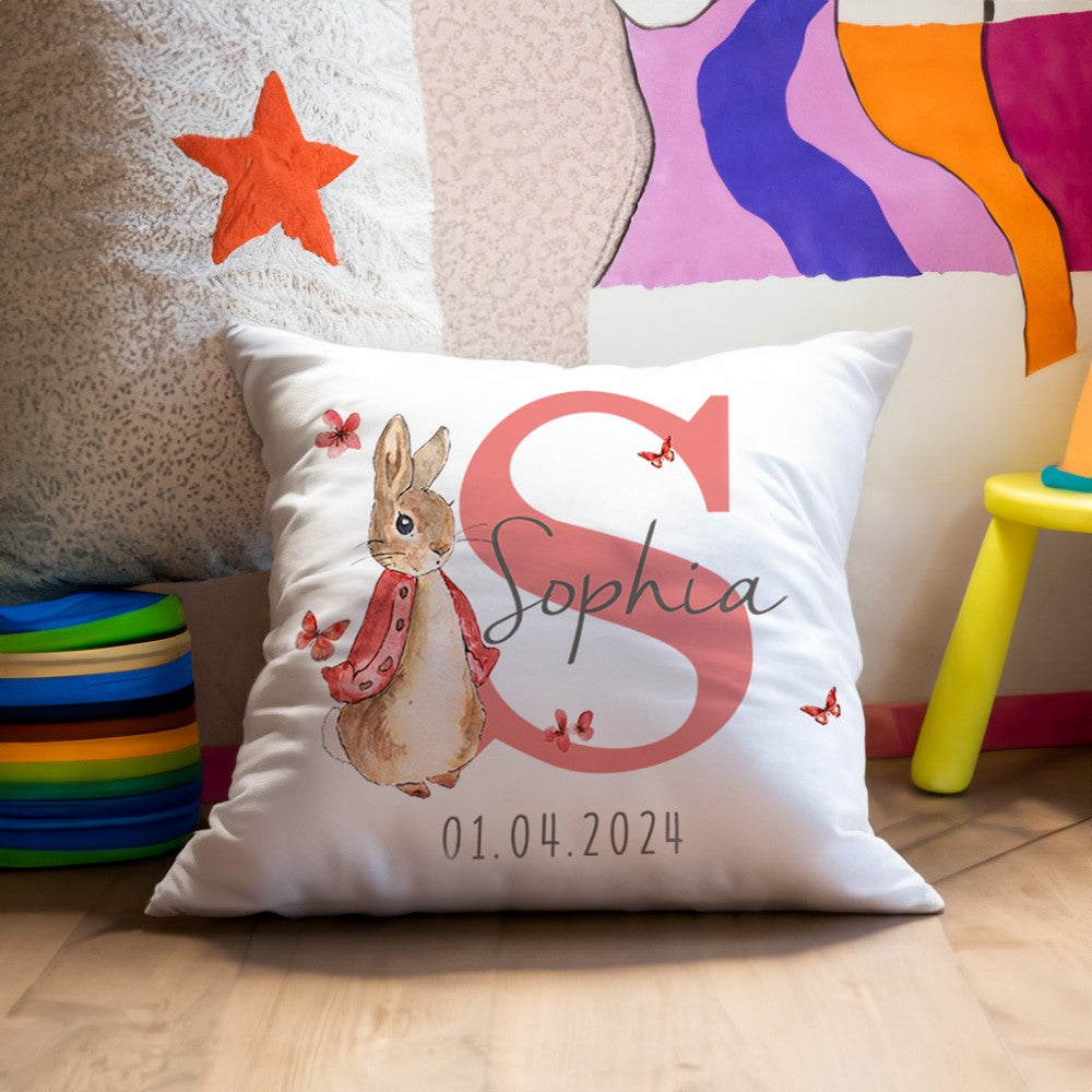 Custom Peter Rabbit Cushion Throw Pillow Case Cover with Name, Personalized Bunny Nursery Decor, New Baby Girl/Boy Gifts, Gifts for Bunny Lovers