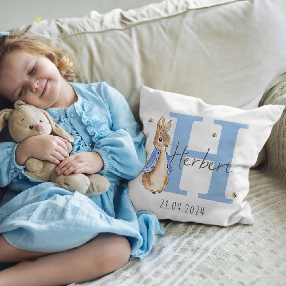 Custom Peter Rabbit Cushion Throw Pillow Case Cover with Name, Personalized Bunny Nursery Decor, New Baby Girl/Boy Gifts, Gifts for Bunny Lovers