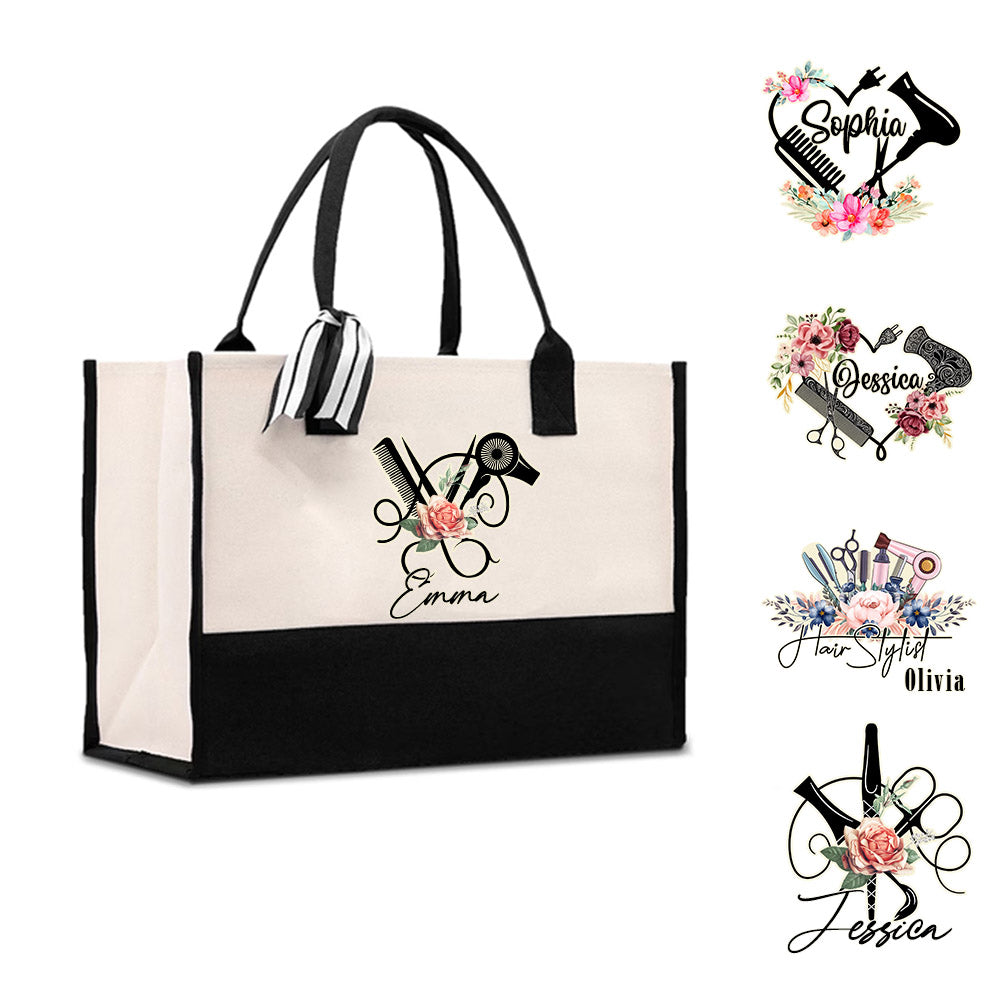 Personalized Floral Hair Stylist Tote Bag with Name, Custom Large Canvas Cosmetology Handbag, Professional Gift for Hairdresser/Hairstylist/Hairapist