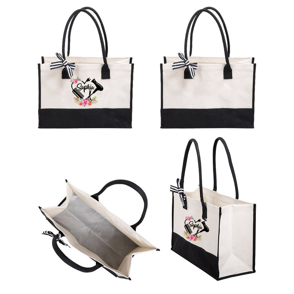 Personalized Floral Hair Stylist Tote Bag with Name, Custom Large Canvas Cosmetology Handbag, Professional Gift for Hairdresser/Hairstylist/Hairapist