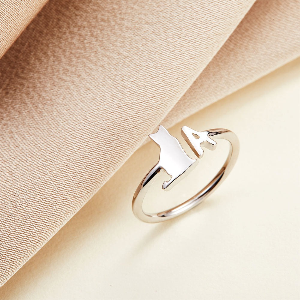 Personalized Pet Initial Ring, Open Letter Ring, Custom Dog Mom Gift, Cat/Horse/Rabbit/Bird/Fish Ring for Women, Memorial Jewelry, Gift for Pet Loss