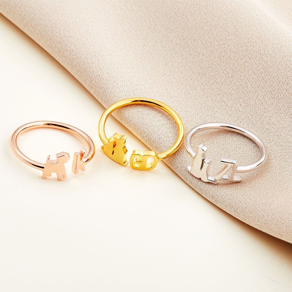 Personalized Pet Initial Ring, Open Letter Ring, Custom Dog Mom Gift, Cat/Horse/Rabbit/Bird/Fish Ring for Women, Memorial Jewelry, Gift for Pet Loss