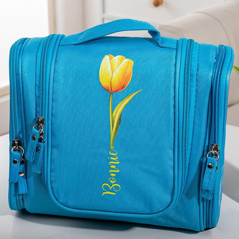 Personalized Name & Birth Flower Toiletry Bag, Travel Toiletry Organizer with Hanging Hook, Travel Accessories, Birthday Gift for Women/Wife/Her