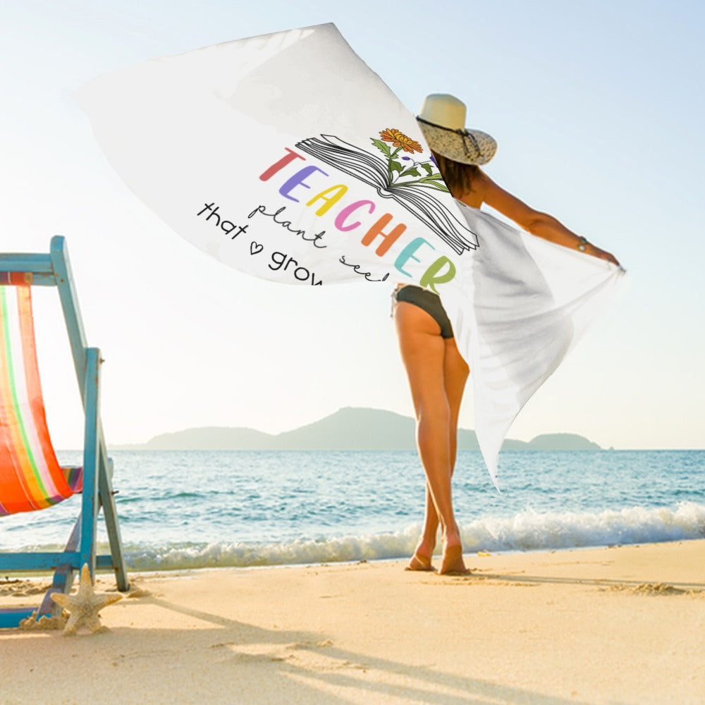 Personalized Birth Flower Beach Towel, Teacher Plant Seeds That Grow Forever Beach Towel, Teacher's Book Soft Towel, Appreciation Gift for Teachers