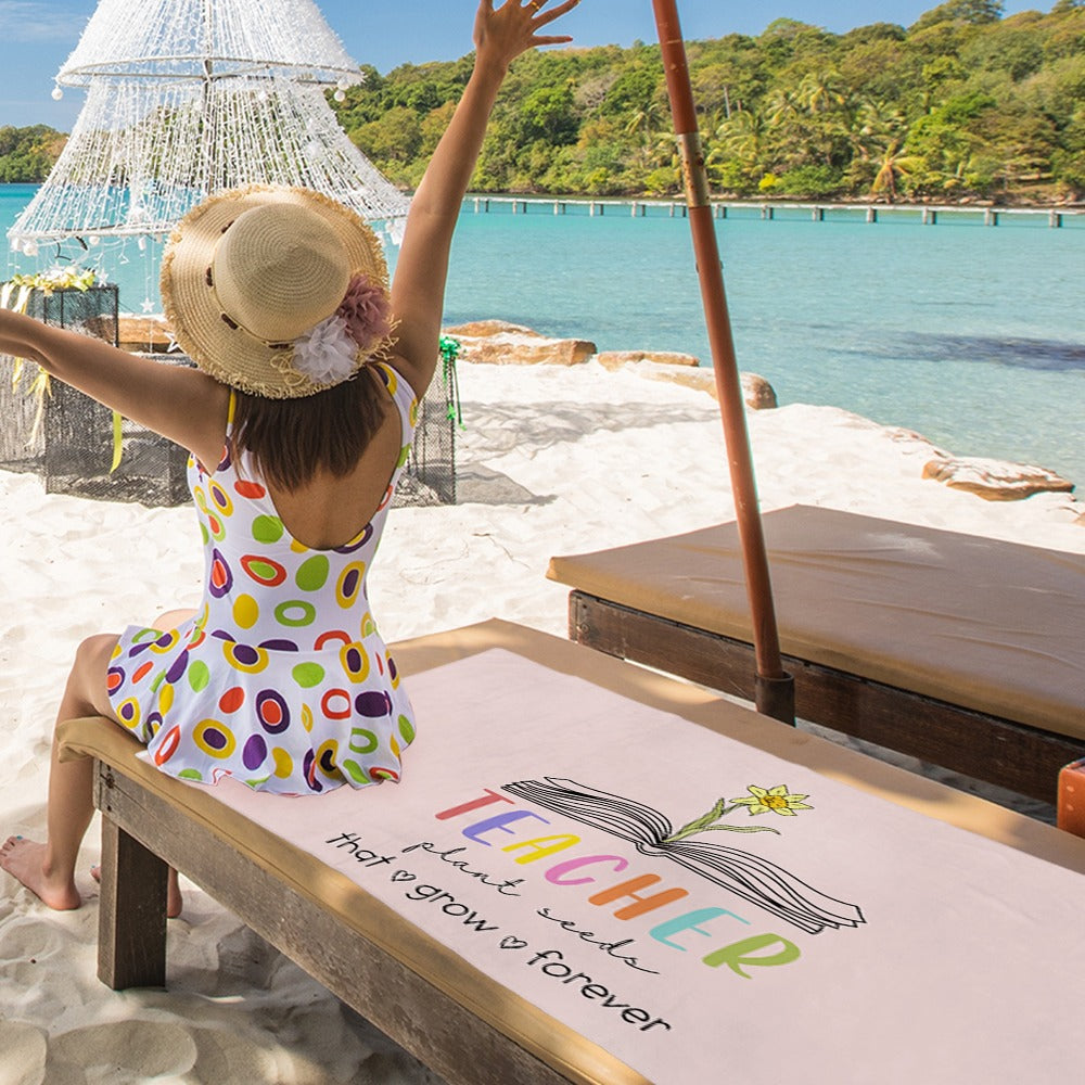 Personalized Birth Flower Beach Towel, Teacher Plant Seeds That Grow Forever Beach Towel, Teacher's Book Soft Towel, Appreciation Gift for Teachers