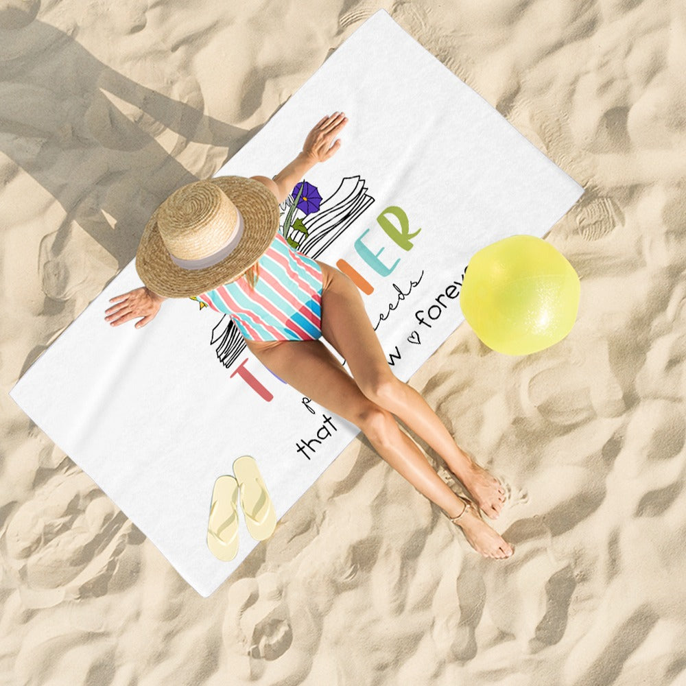Personalized Birth Flower Beach Towel, Teacher Plant Seeds That Grow Forever Beach Towel, Teacher's Book Soft Towel, Appreciation Gift for Teachers
