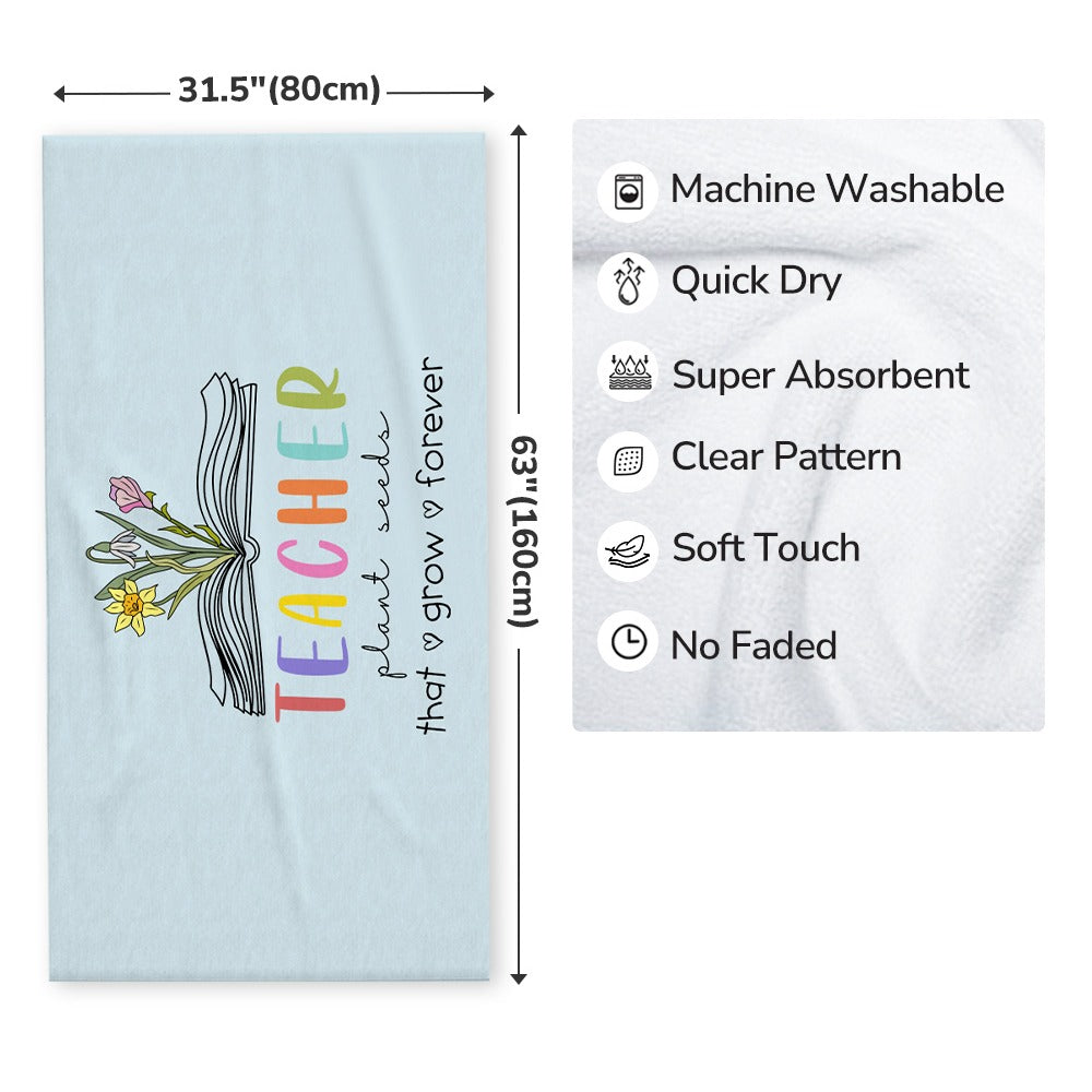 Personalized Birth Flower Beach Towel, Teacher Plant Seeds That Grow Forever Beach Towel, Teacher's Book Soft Towel, Appreciation Gift for Teachers