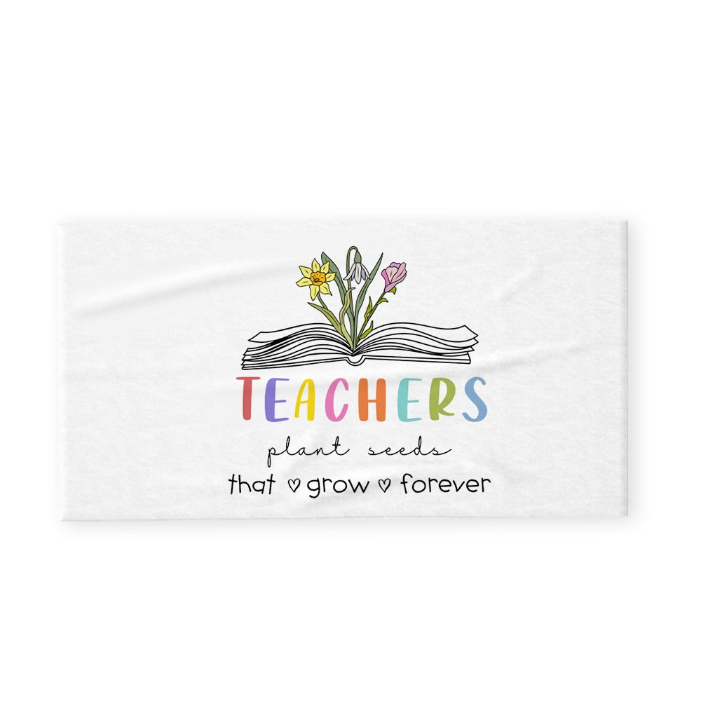 Personalized Birth Flower Beach Towel, Teacher Plant Seeds That Grow Forever Beach Towel, Teacher's Book Soft Towel, Appreciation Gift for Teachers