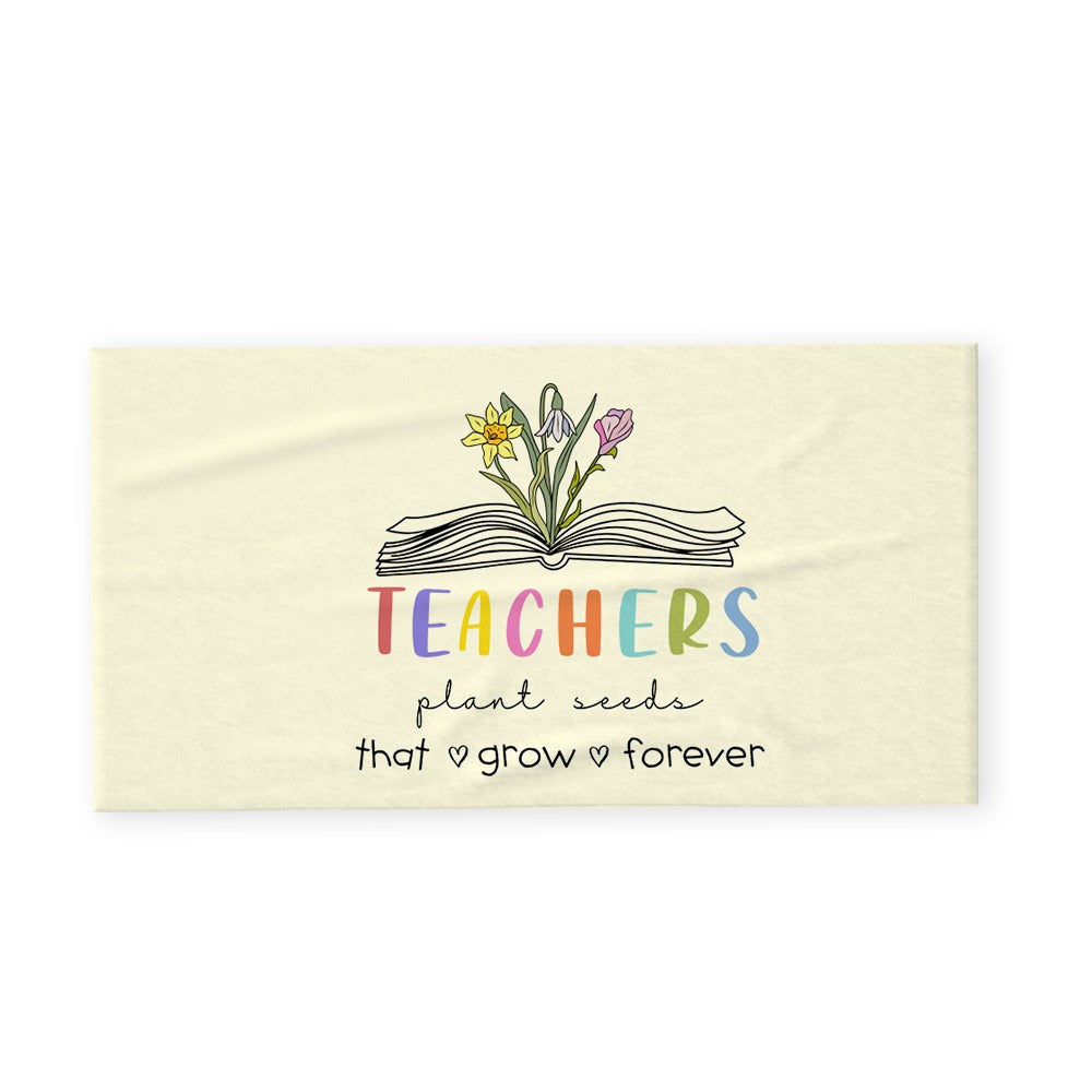 Personalized Birth Flower Beach Towel, Teacher Plant Seeds That Grow Forever Beach Towel, Teacher's Book Soft Towel, Appreciation Gift for Teachers