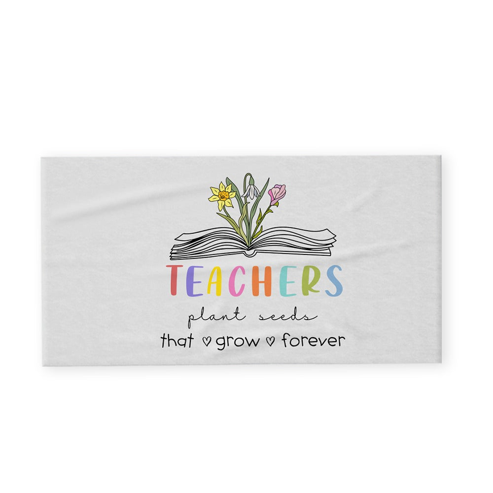 Personalized Birth Flower Beach Towel, Teacher Plant Seeds That Grow Forever Beach Towel, Teacher's Book Soft Towel, Appreciation Gift for Teachers