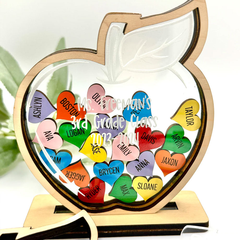 Custom Teacher Apple Ornament, Acrylic Teacher's Apple Decor with Student Names Hearts, Table Centerpiece, Appreciation/End of Year Gift for Teachers