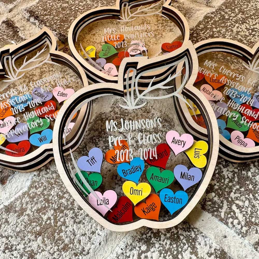 Custom Teacher Apple Ornament, Acrylic Teacher's Apple Decor with Student Names Hearts, Table Centerpiece, Appreciation/End of Year Gift for Teachers