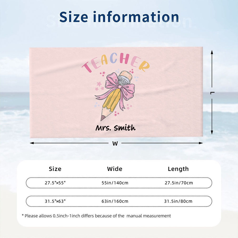 Personalized Pink Coquette Bow Pencil Beach Towel with Teacher's Name, Teacher's Soft Towel, Teacher's Day/Appreciation/Christmas Gift for Teachers
