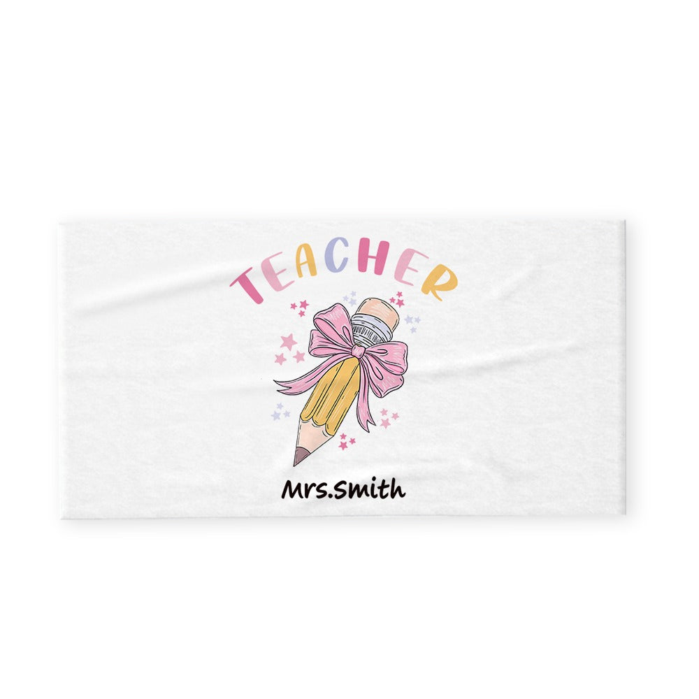 Personalized Pink Coquette Bow Pencil Beach Towel with Teacher's Name, Teacher's Soft Towel, Teacher's Day/Appreciation/Christmas Gift for Teachers