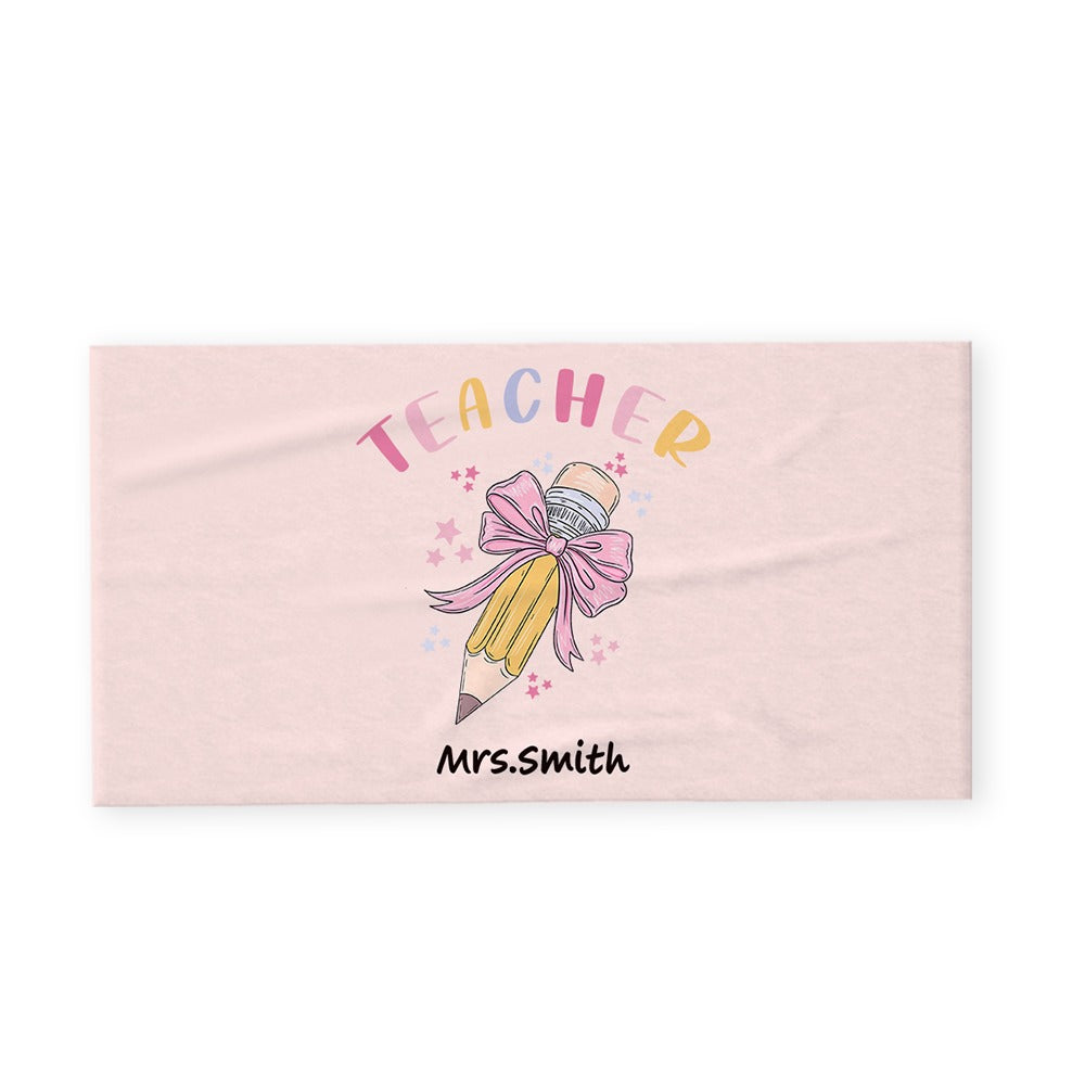 Personalized Pink Coquette Bow Pencil Beach Towel with Teacher's Name, Teacher's Soft Towel, Teacher's Day/Appreciation/Christmas Gift for Teachers