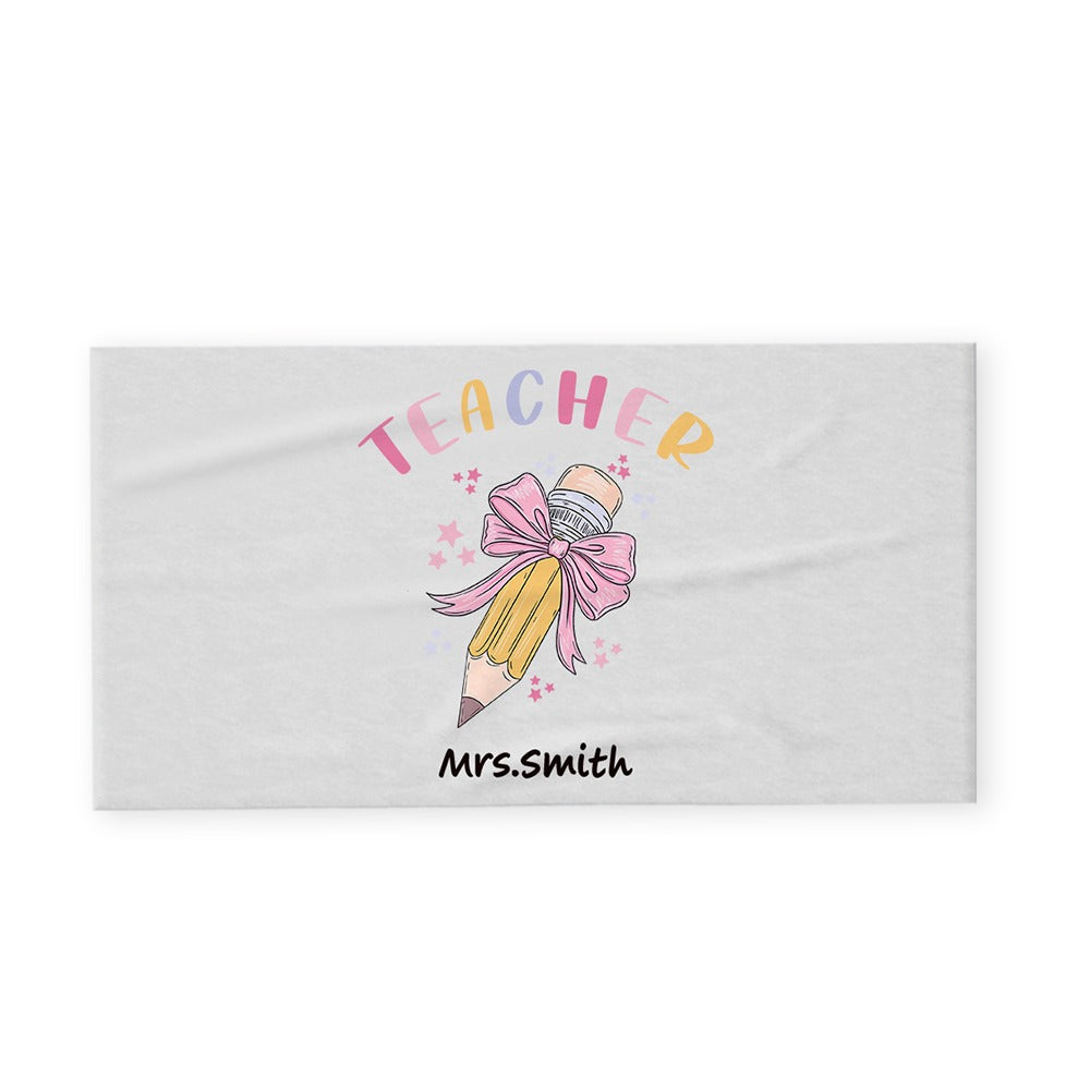 Personalized Pink Coquette Bow Pencil Beach Towel with Teacher's Name, Teacher's Soft Towel, Teacher's Day/Appreciation/Christmas Gift for Teachers