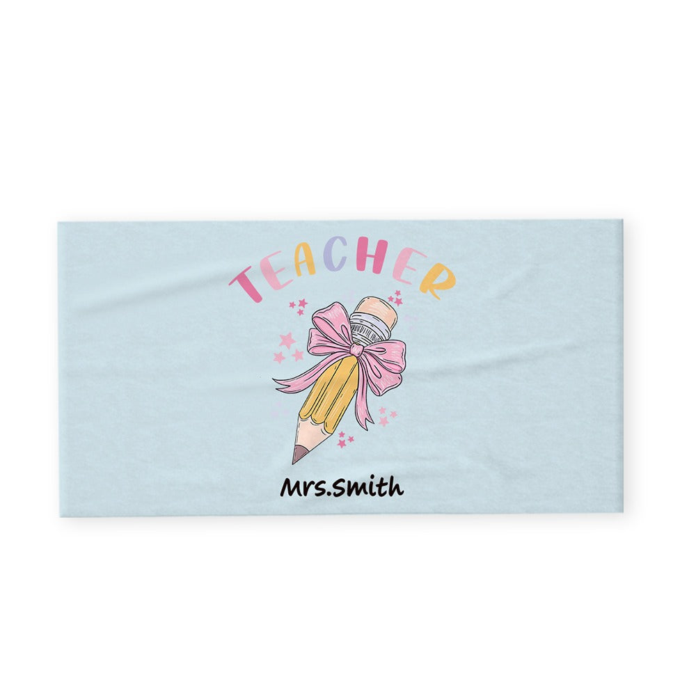 Personalized Pink Coquette Bow Pencil Beach Towel with Teacher's Name, Teacher's Soft Towel, Teacher's Day/Appreciation/Christmas Gift for Teachers