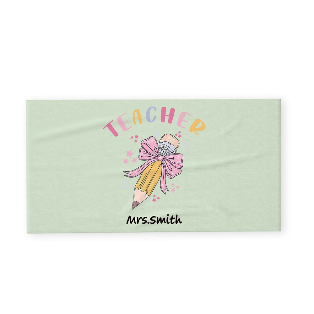 Personalized Pink Coquette Bow Pencil Beach Towel with Teacher's Name, Teacher's Soft Towel, Teacher's Day/Appreciation/Christmas Gift for Teachers