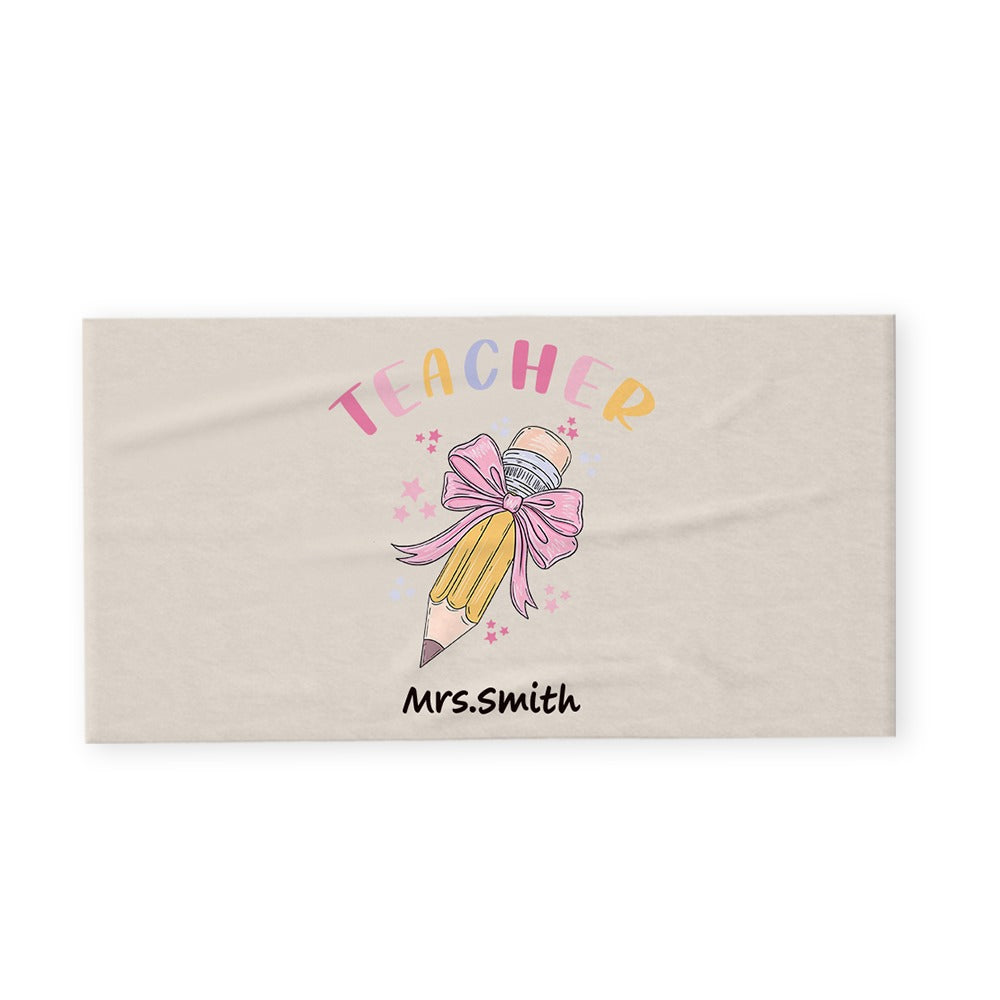 Personalized Pink Coquette Bow Pencil Beach Towel with Teacher's Name, Teacher's Soft Towel, Teacher's Day/Appreciation/Christmas Gift for Teachers