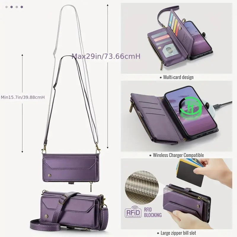 Premium Leather Wallet Phone Case with Wireless Charging & RFID Blocking, Crossbody Phone Cover with Card Holder, Flip Folio Design for iPhone/Xiaomi/Samsung Galaxy