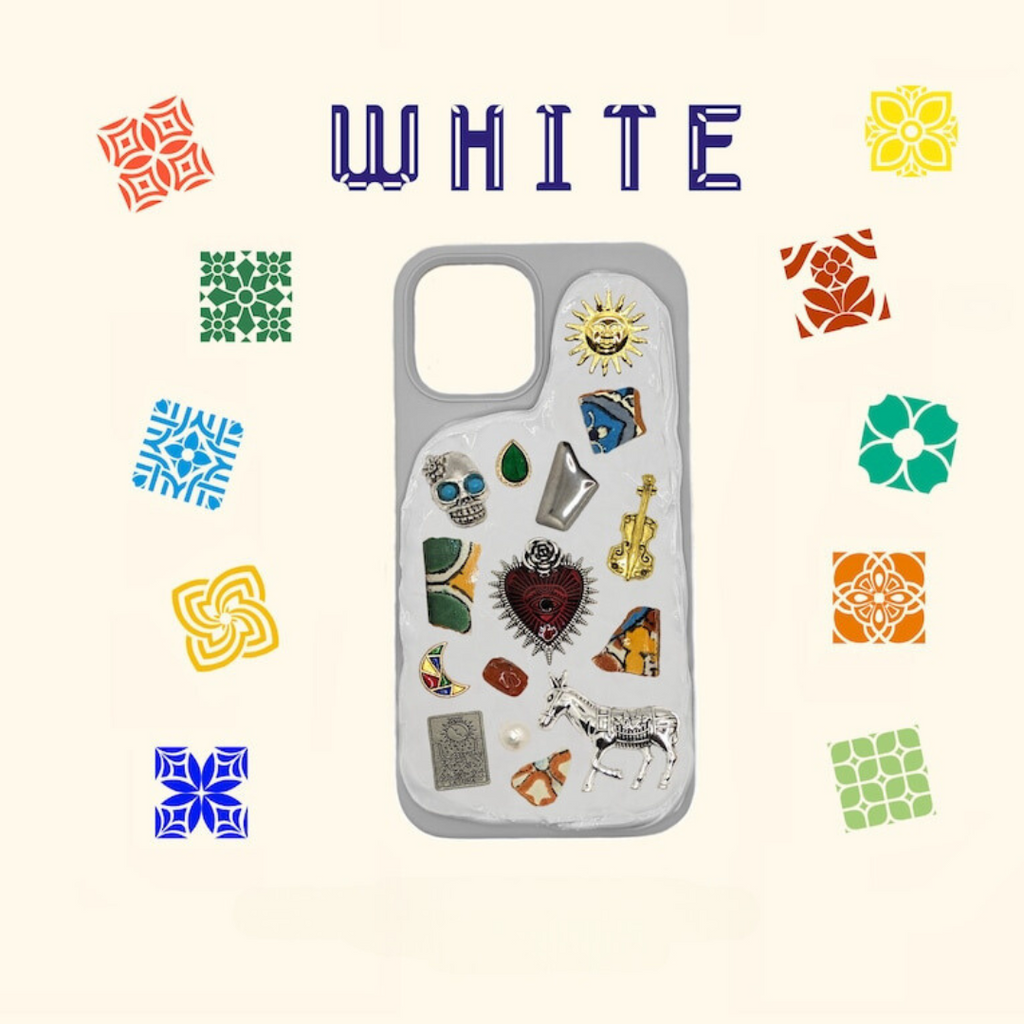 iPhone Phone Case Handmade Decoden Mexican Talavera Mosaic Vintage Jewelry Trinket Milagritos Stone Beige White Black Cover