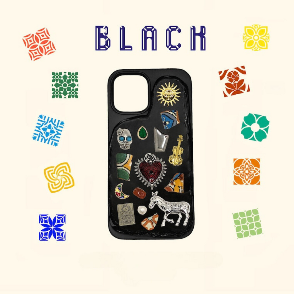 iPhone Phone Case Handmade Decoden Mexican Talavera Mosaic Vintage Jewelry Trinket Milagritos Stone Beige White Black Cover