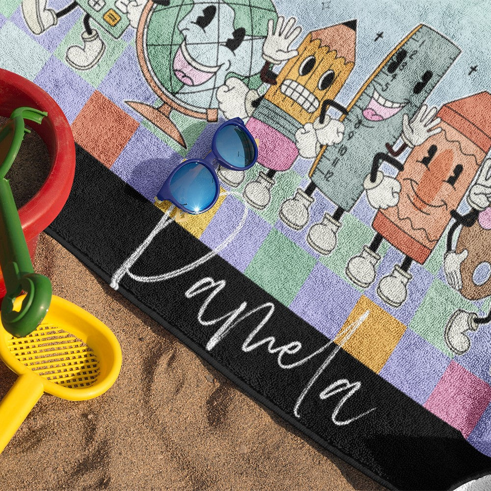 Personalized Pencil Ruler Globe Design Teacher's Beach Towel, Quick Dry Bath Towel for Sunbathing/Vacation, End of Year/Appreciation Gift for Teachers