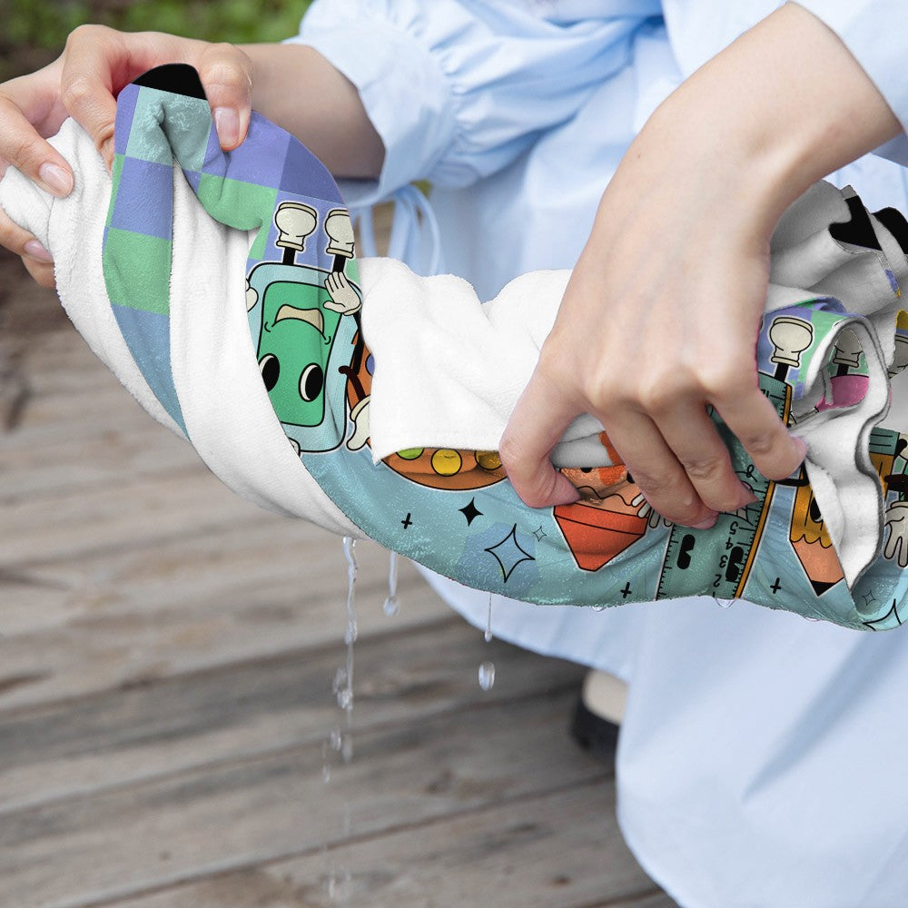 Personalized Pencil Ruler Globe Design Teacher's Beach Towel, Quick Dry Bath Towel for Sunbathing/Vacation, End of Year/Appreciation Gift for Teachers