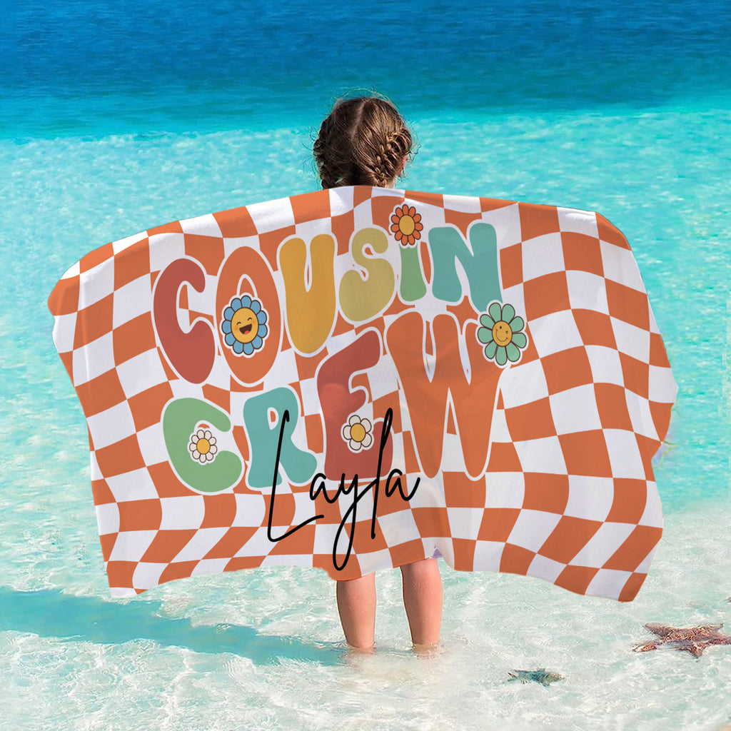 Personalized Groovy Cousin Crew Plaid Beach Towel, Perfect for Family Outings