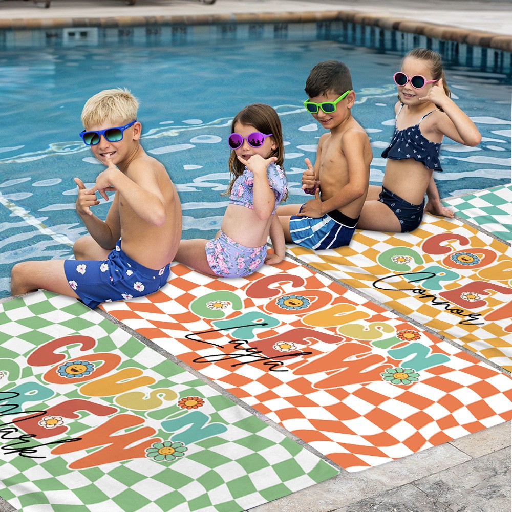 Personalized Groovy Cousin Crew Plaid Beach Towel, Perfect for Family Outings